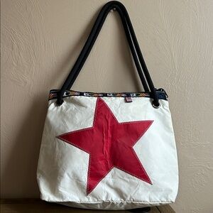 Ella Vickers Recycled Sailcloth Bag. White and Red Women's Bag. Upcycled Utility